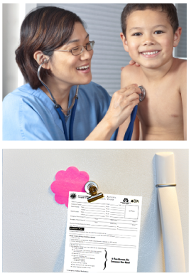 Doctor examining child, note attached to refridgerator