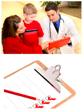 Picture of a doctor with clipboard advising a mother and child